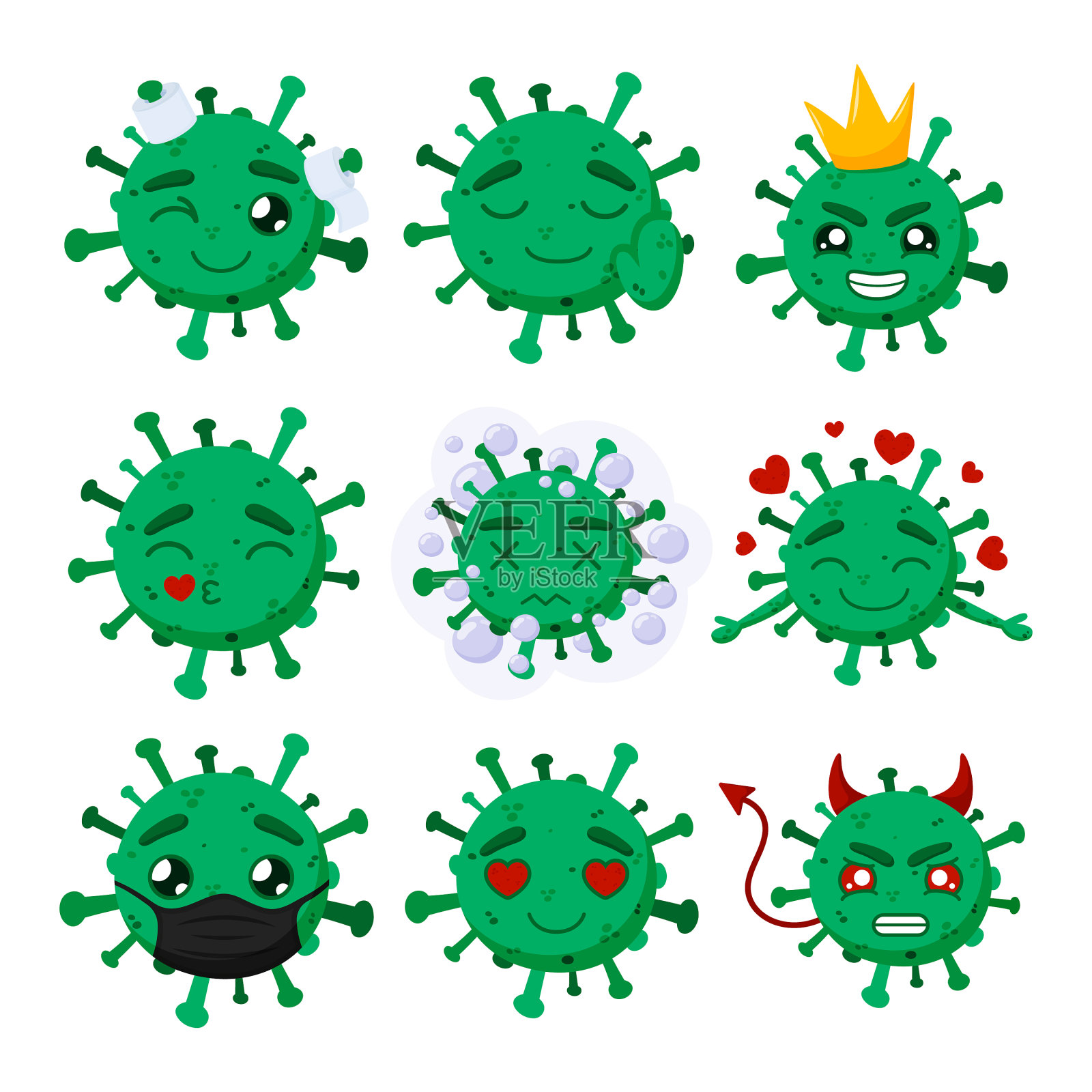 设置绿色新冠肺炎搞笑卡通图标素材