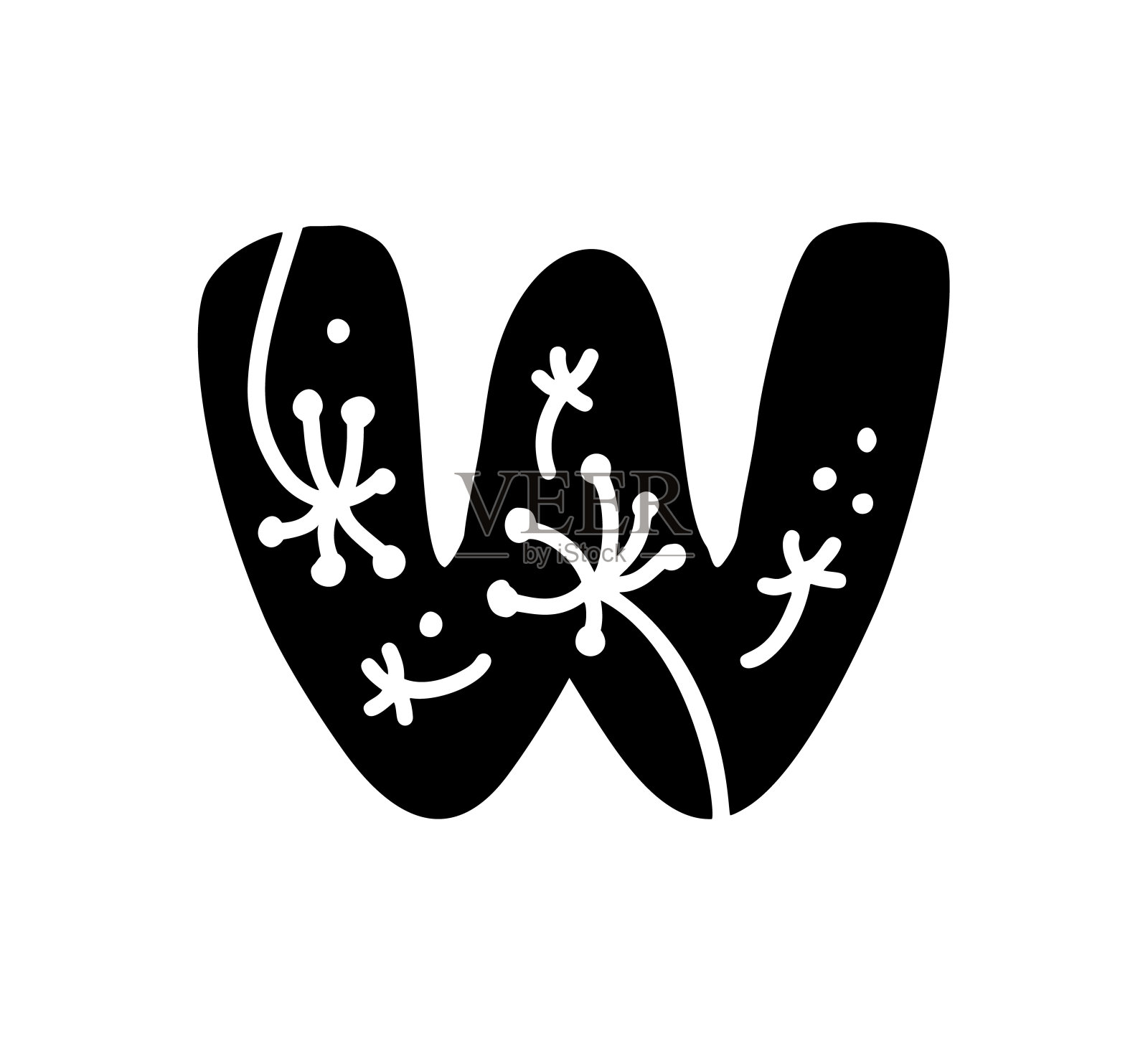 复古花卉粗体字母W标志春季。经典的W夏季字母设计向量与黑色和花卉手绘单线模式设计元素图片