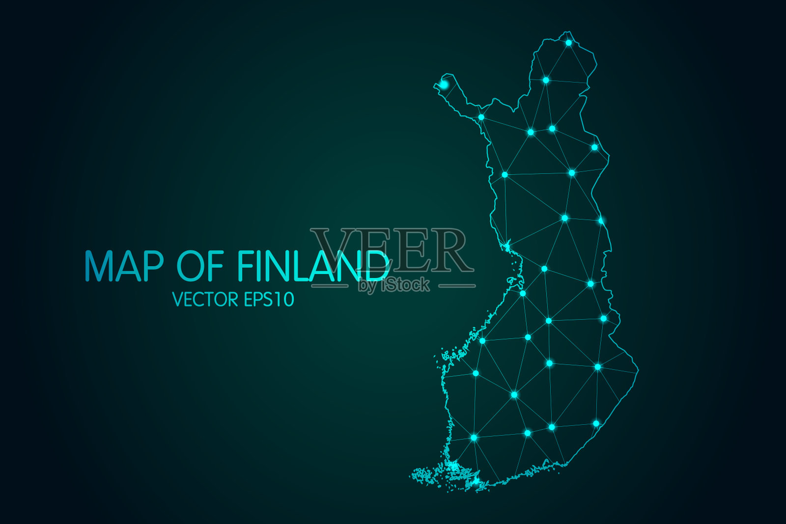 芬兰地图-发光的点和线比例在黑暗的梯度背景，3D网格多边形网络连接插画图片素材