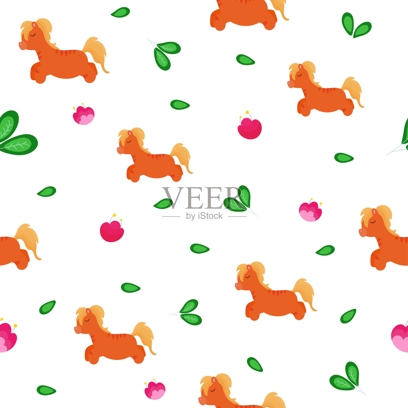 天衣无缝的婴儿背景和童话般的棕色小马插画图片素材