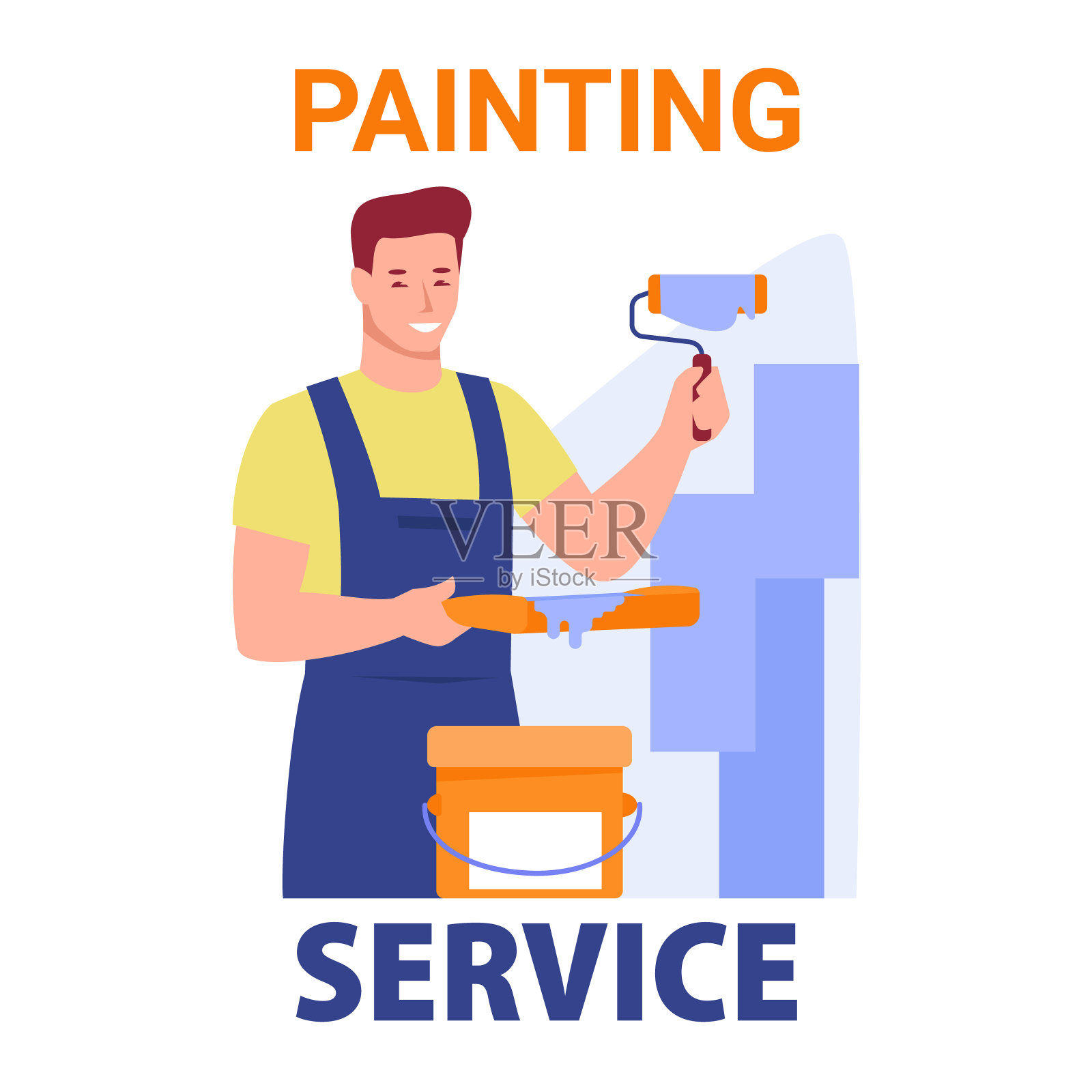 正在工作的油漆工和一个滚筒。矢量插图在平面卡通风格。孤立在白色背景上。插画图片素材