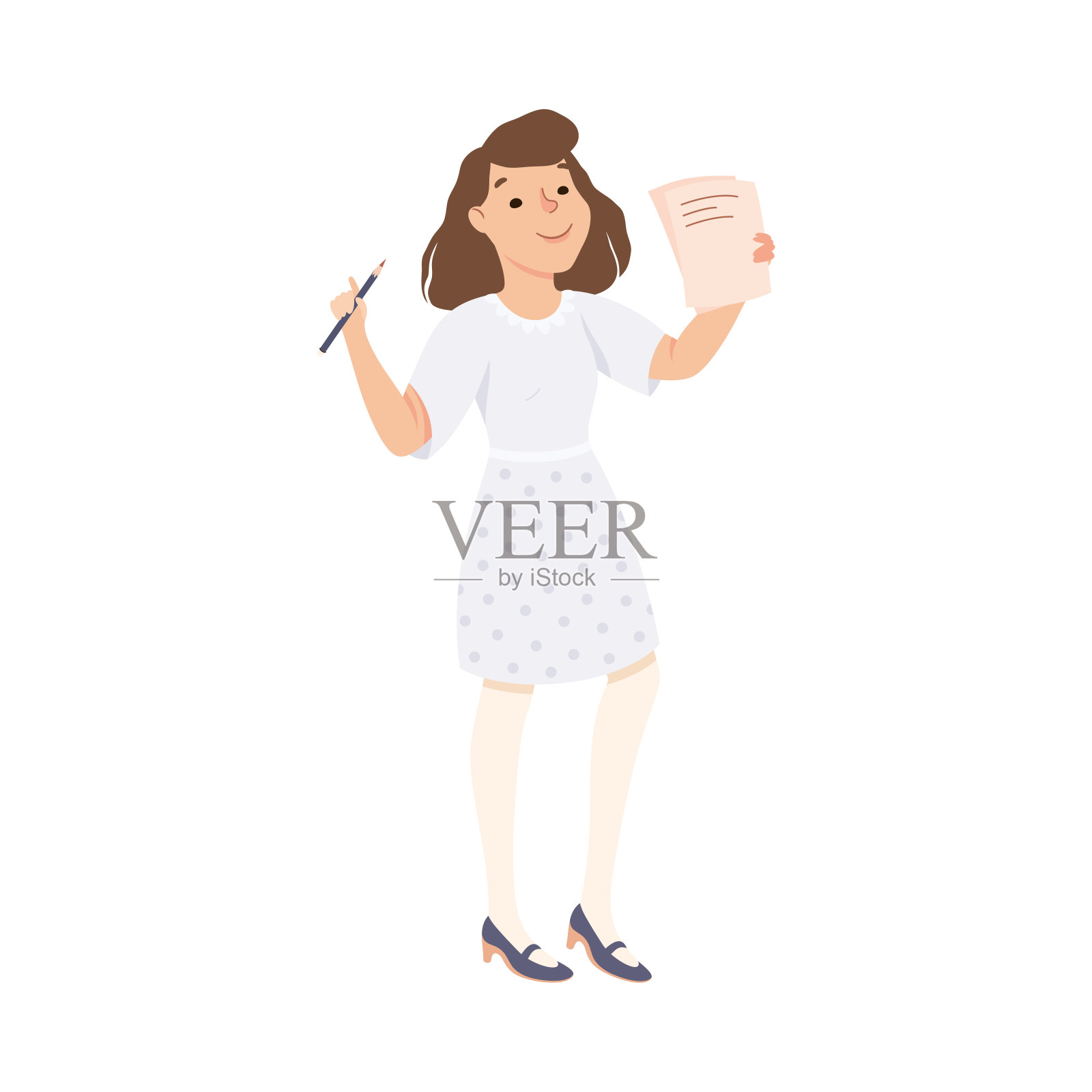 妇女学校教师或教育家持有铅笔显示纸矢量插图插画图片素材