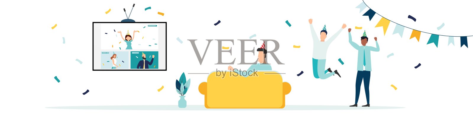 生日检疫快乐，网上聚会快乐。矢量插图。插画图片素材