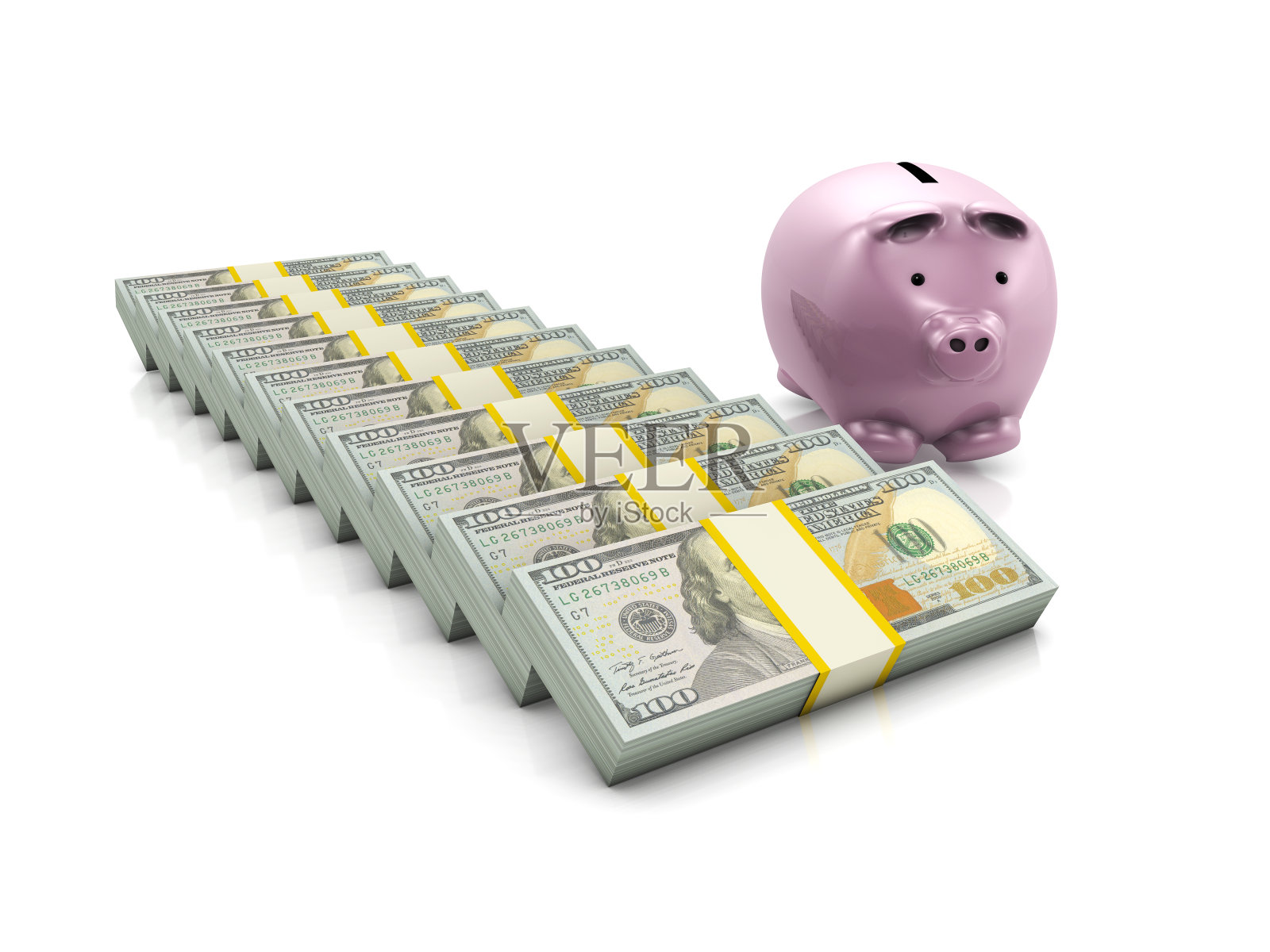 粉红色的存钱罐和成堆的钱照片摄影图片