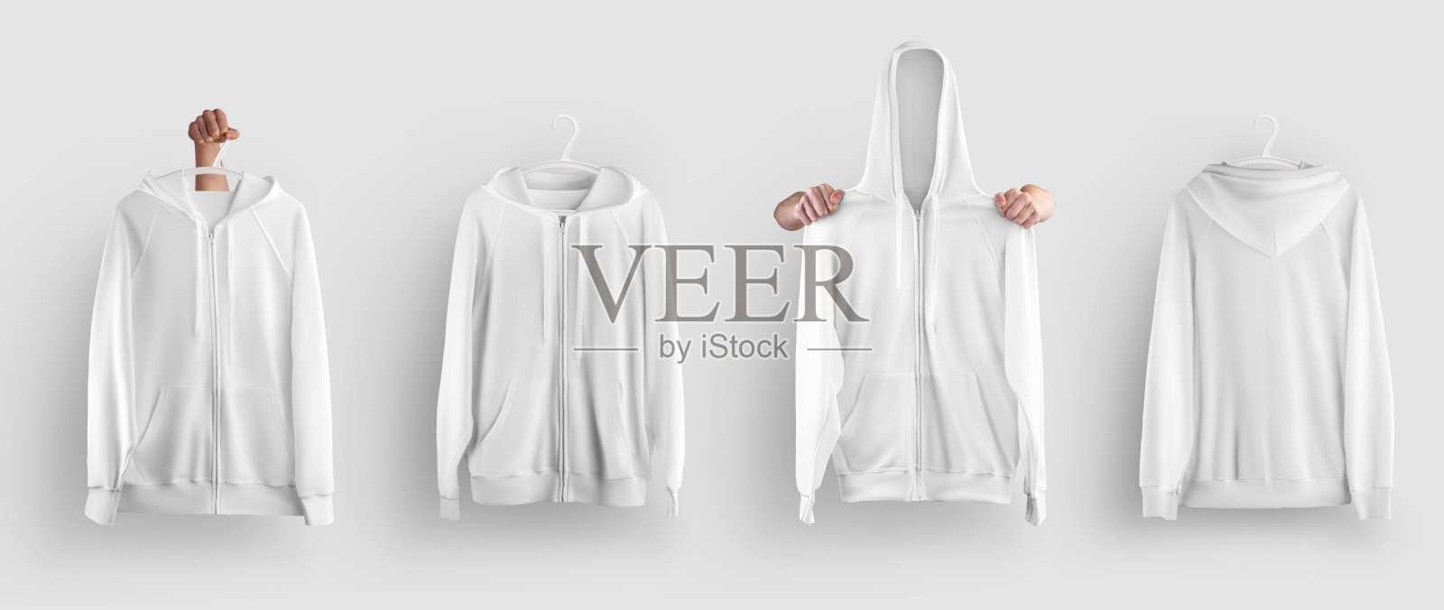 原型白色帽衫与拉链在衣架在手，前，后视图，孤立的背景。照片摄影图片