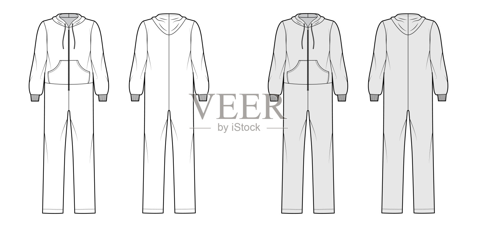 连体衣整体连衣裤睡裤技术时尚插图与全长，兜帽，拉链关闭，袋鼠袋设计元素图片