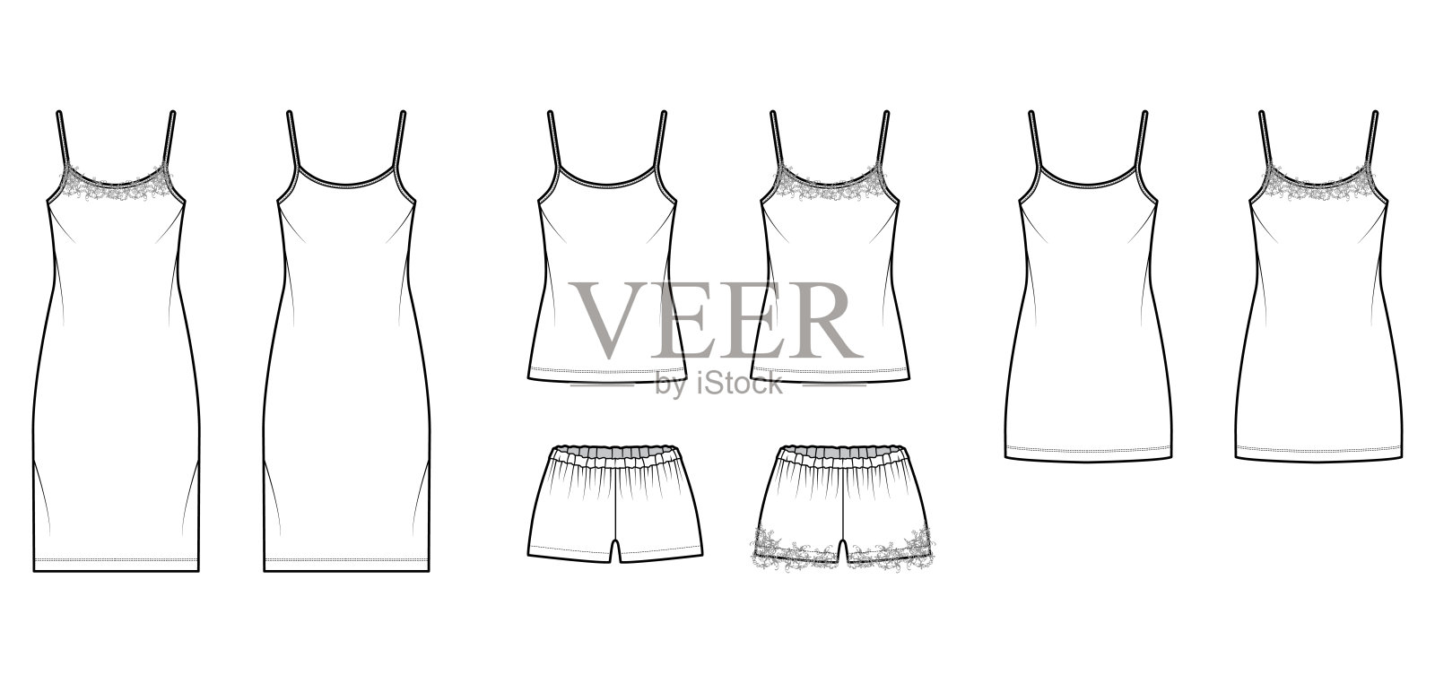 套衬衫连衣裙背心睡衣睡裤技术时尚插图与花边，超大，勺脖子插画图片素材