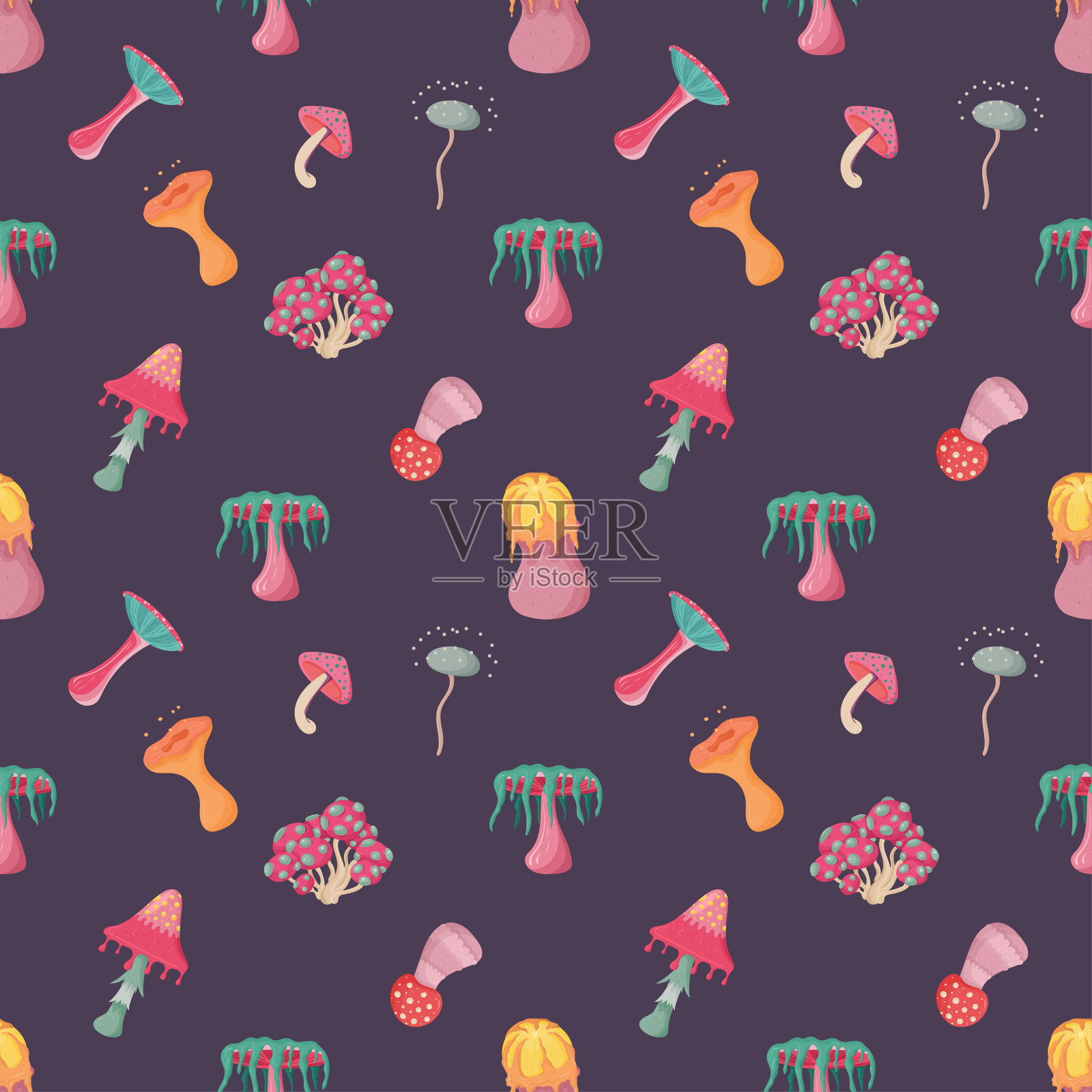 幻想外星蘑菇无缝图案在深紫色的背景。装饰设计的梦幻概念艺术。资产的游戏。黄色，粉色，橙色蘑菇。插画图片素材