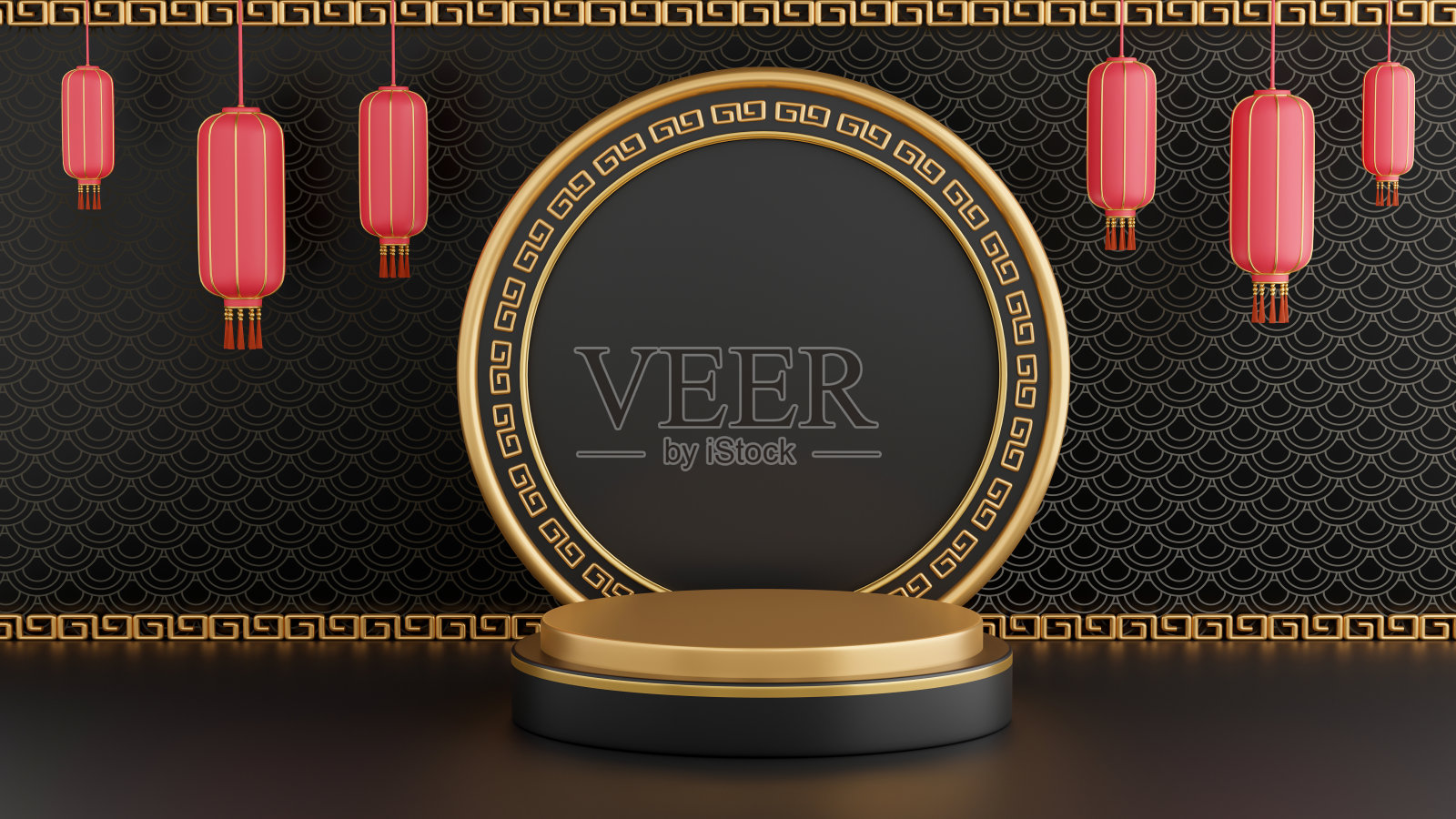 3d渲染黑色裙楼中式装饰产品展示照片摄影图片