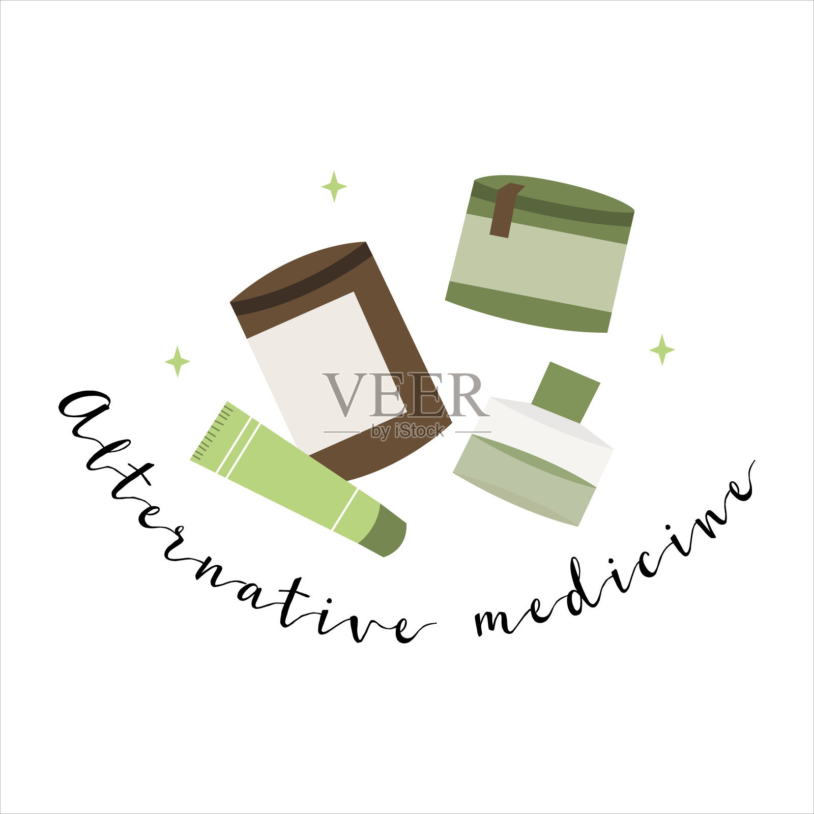 顺势疗法、物理疗法。补充，替代，综合，整体医学。天然有机草本植物。药剂师瓶子。矢量平面卡通插图设计元素图片
