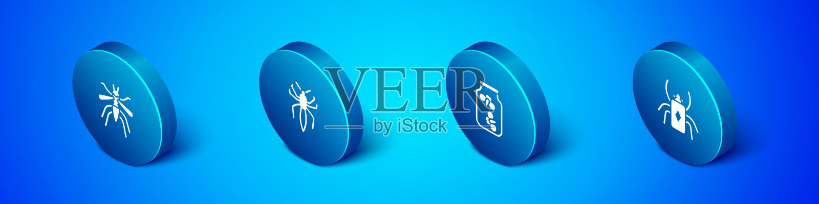 设置等距蚊子，萤火虫虫在一个罐子，甲虫和蜘蛛图标。向量图标素材