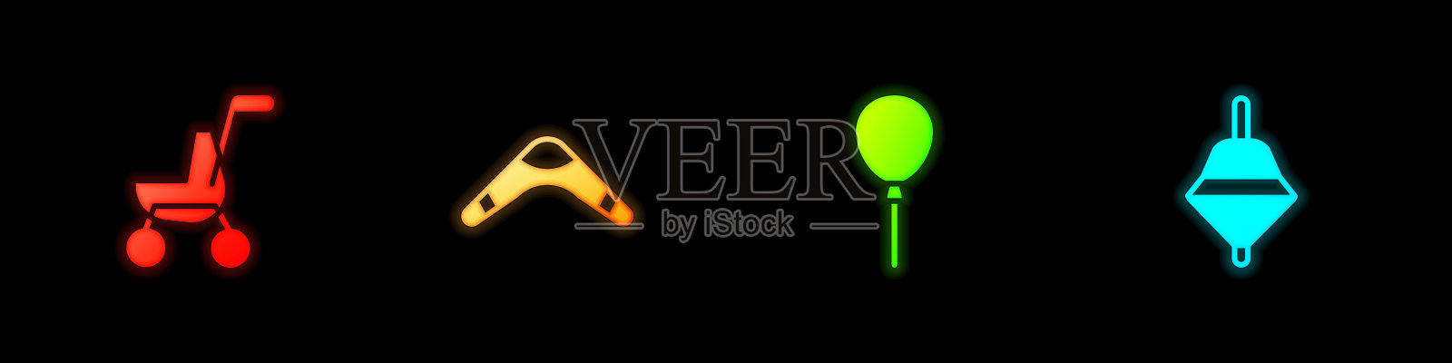 设置婴儿推车，回旋镖，气球与丝带和旋转玩具图标。向量图标素材