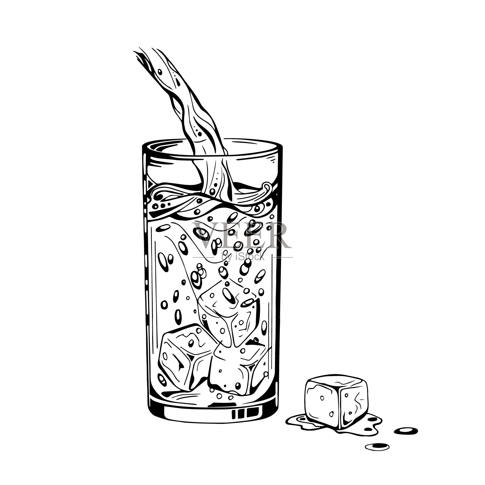 矢量图作为液体被倒入容器。透明玻璃杯，底部有清水和冰块。鸡尾酒。冷饮加冰。夏天喝。草图是手工绘制的。插画图片素材