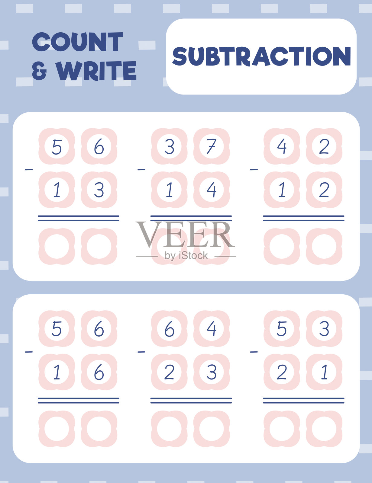 数学练习册打印页。两位数减法。插画图片素材