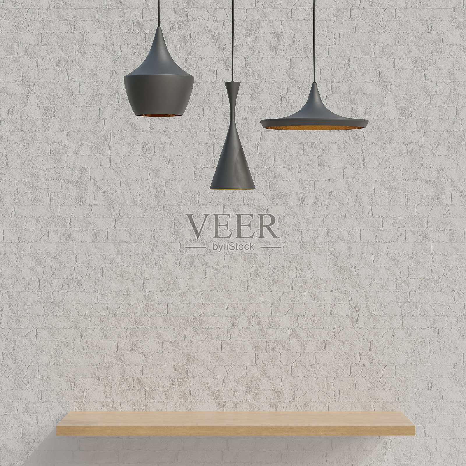 白色砖墙背景的产品展示木架，极简风格，黑色天花板灯。三维模型和插图。照片摄影图片