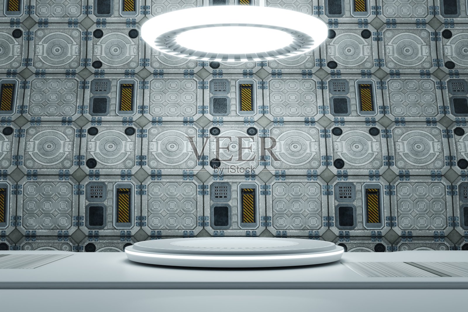 高科技白色产品平台平台工作室在飞船上与电子密码保险箱和发动机背景。高科技舞台与未来科技主题。3D渲染图照片摄影图片