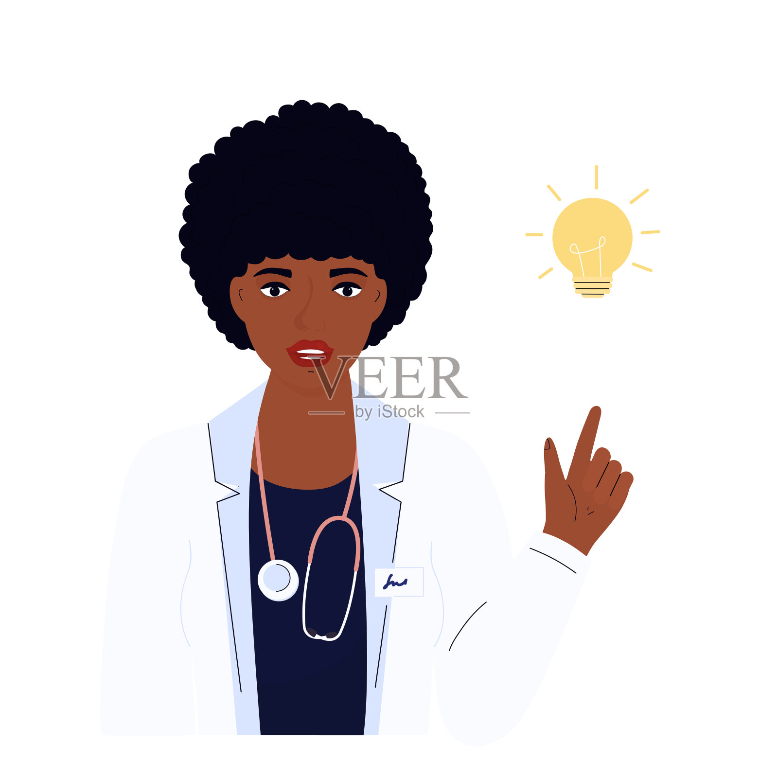 女医生。穿着白色长袍的非裔美国妇女。医院工作人员插画图片素材
