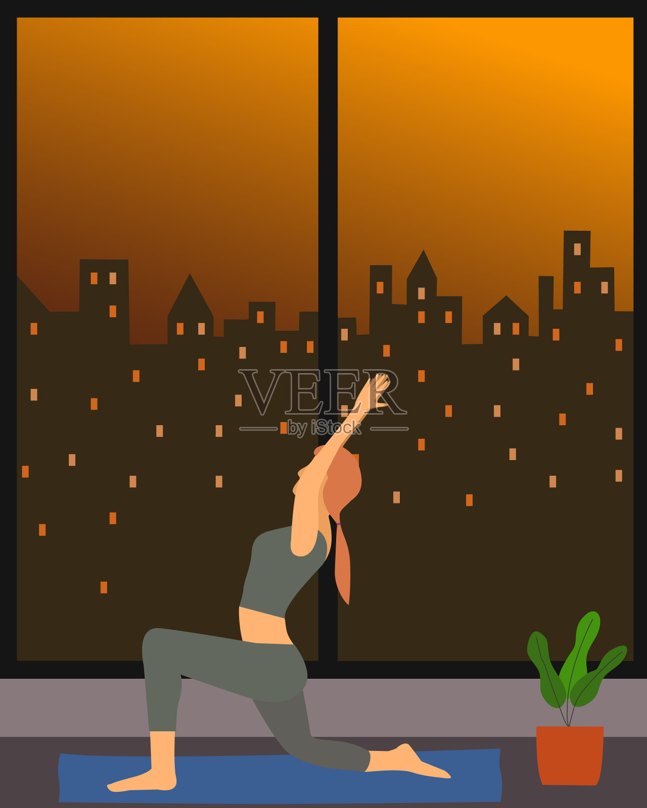 穿着运动服在家练习瑜伽的年轻女子插画图片素材