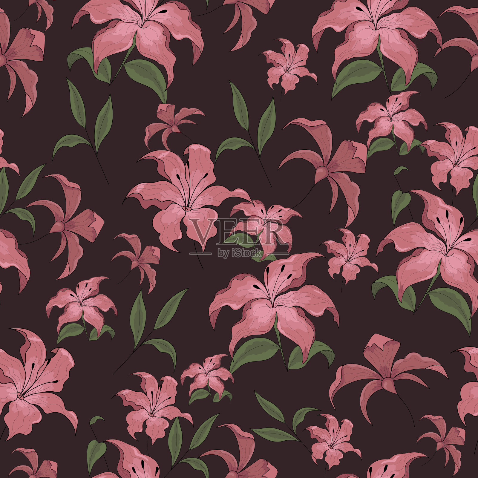 无缝图案与百合花。植物的花。粉色的百合。插画图片素材