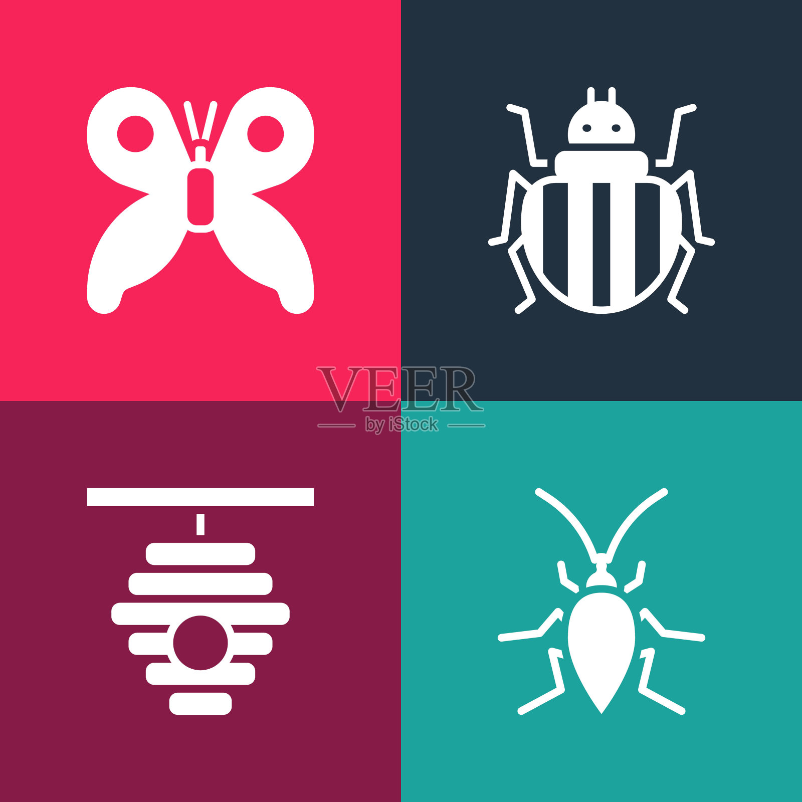 设置流行艺术蟑螂，蜂巢蜜蜂，科罗拉多甲虫和蝴蝶图标。向量图标素材