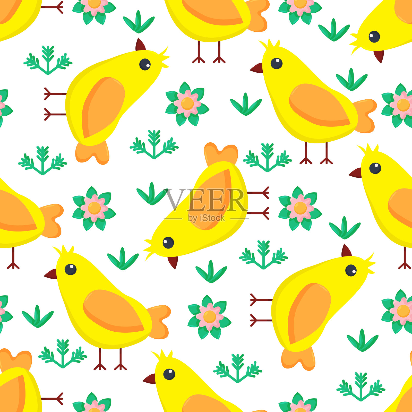 无缝图案与卡通黄色小鸡插画图片素材