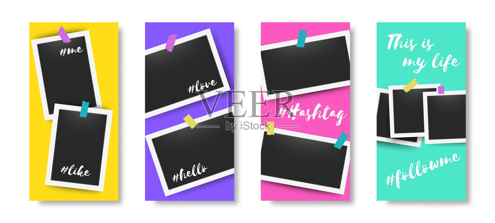 社交媒体可编辑的故事框架。印有时刻照片的横幅。照片贴在胶带上。彩色模板集用于网络与复制空间。向量快照模型插画图片素材