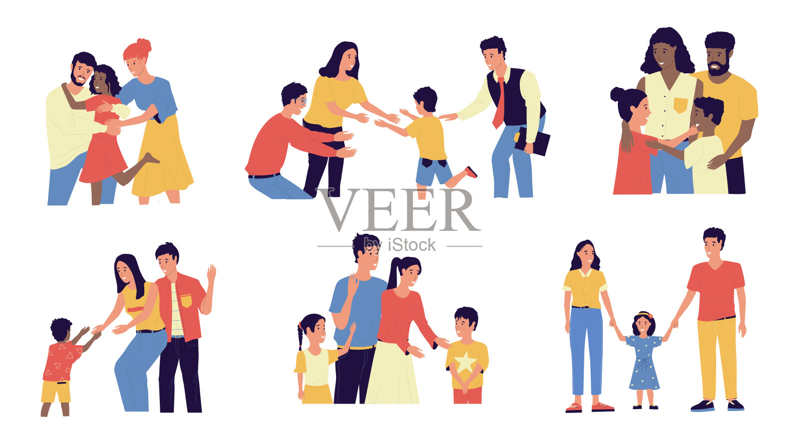 采用。卡通夫妇领养快乐的国际孩子。养父母欢乐的场景。照顾孤儿。母亲和父亲拥抱孩子。矢量多种族家庭插图设计元素图片