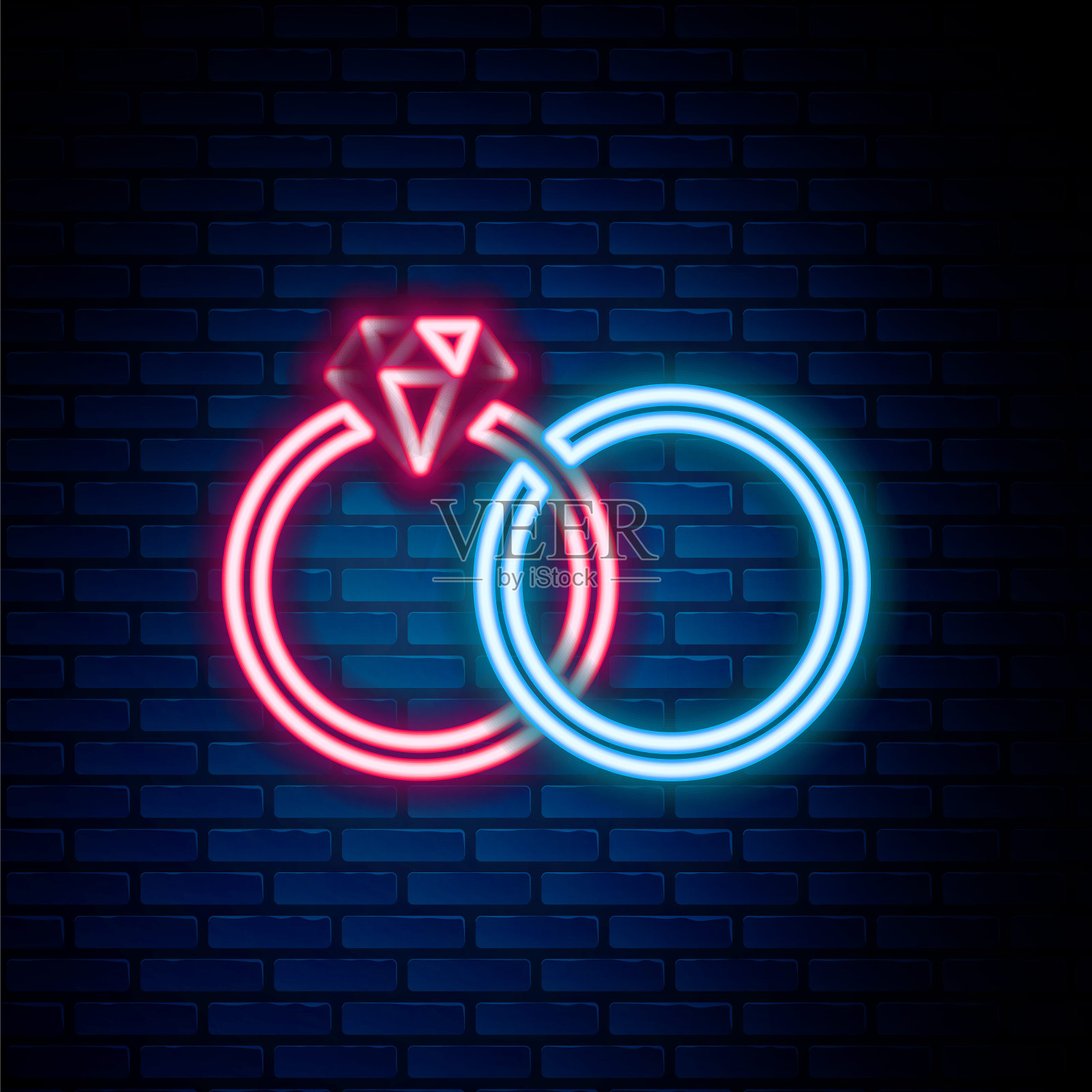 婚戒图标孤立在砖墙背景上。新娘和新郎的珠宝标志。婚姻图标。钻石戒指。色彩斑斓的轮廓的概念。向量插画图片素材