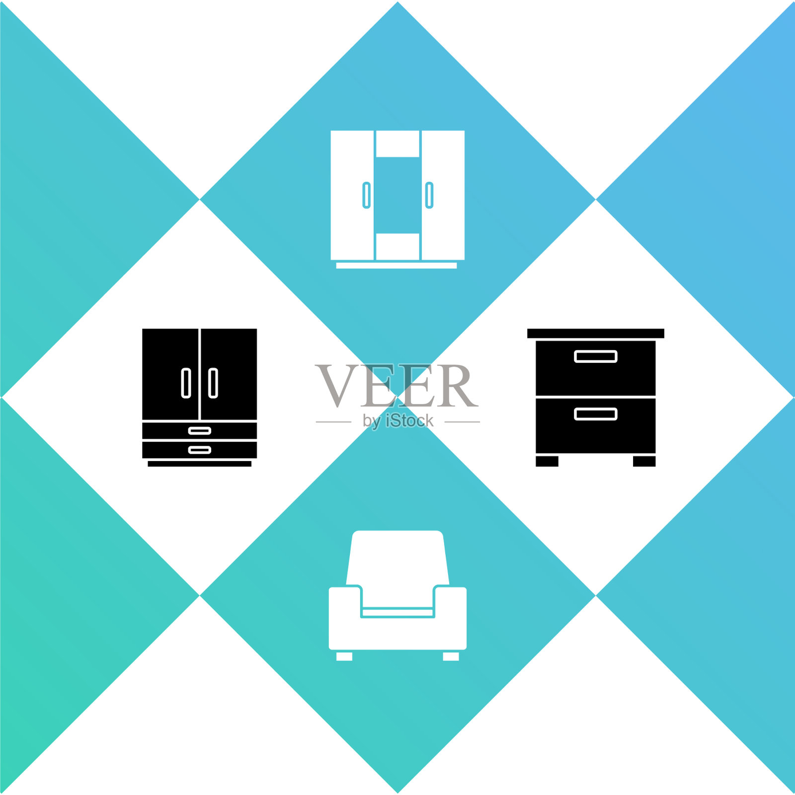 设置衣柜、扶手椅和家具床头柜图标素材
