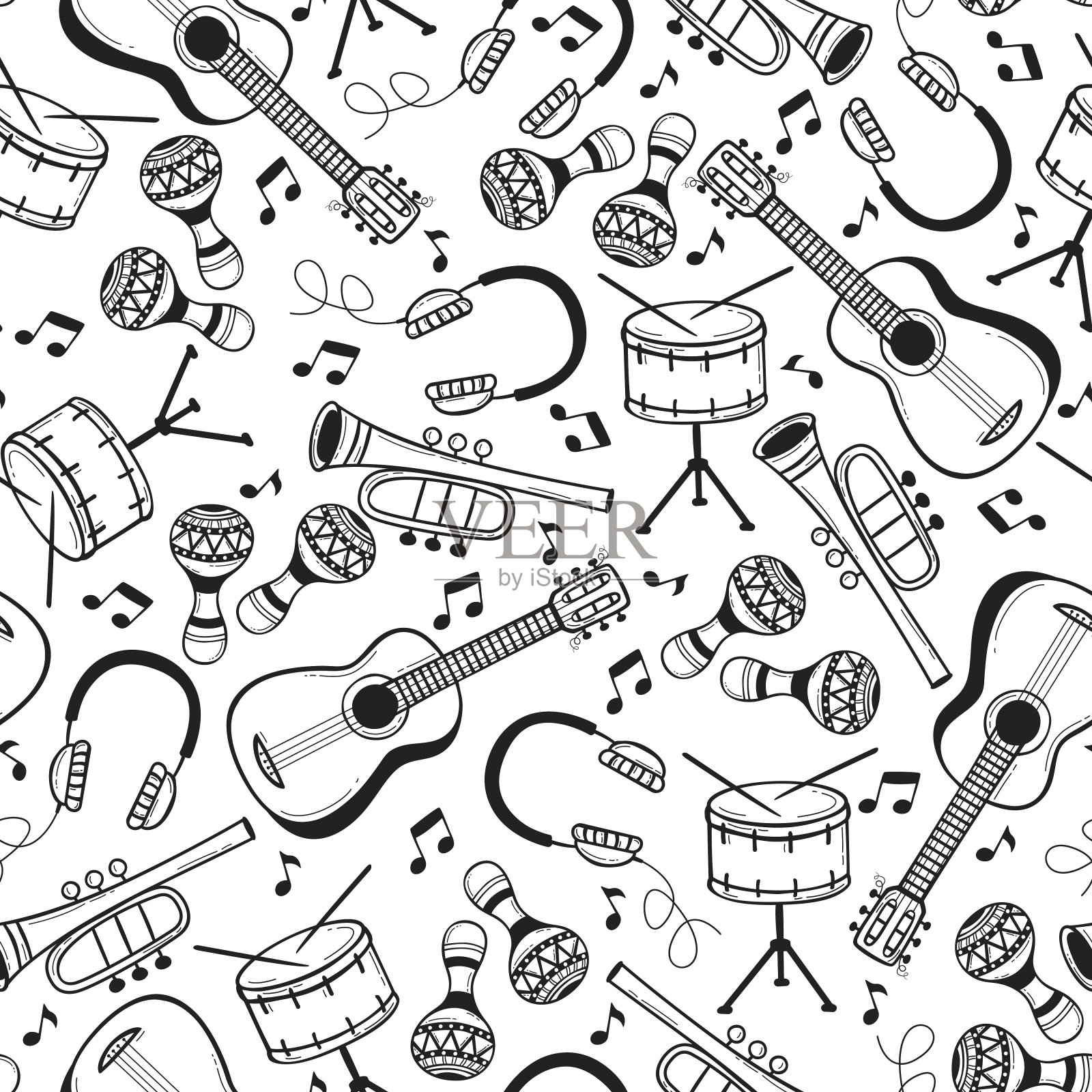 无缝模式与乐器涂鸦风格。插画图片素材