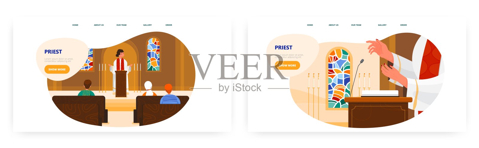 神父登陆页面设计，网站banner矢量模板设置。牧师在讲坛后面祈祷。教会的崇拜。插画图片素材