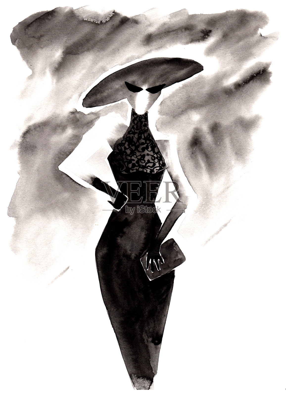 手绘的女人穿着黑色的衣服，戴着帽子和眼镜插画图片素材