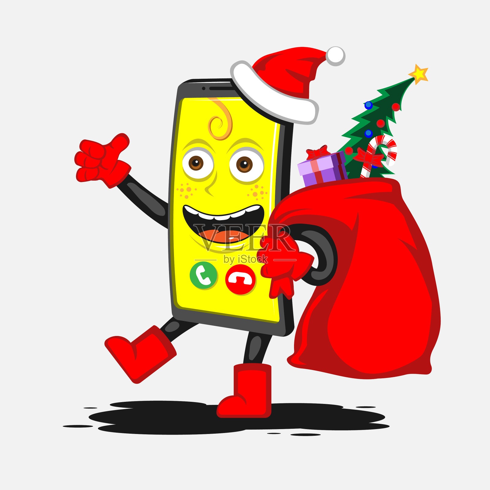 有趣的卡通智能手机与一个包新年插画图片素材