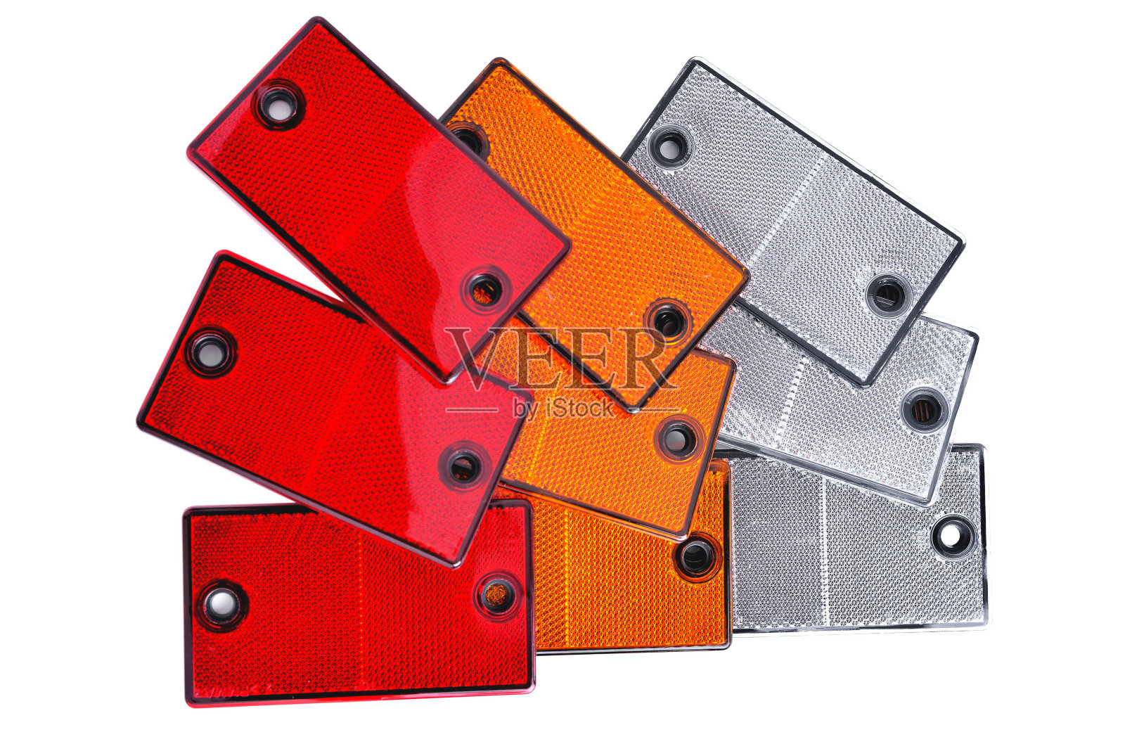 红色，白色和黄色的反光镜显示汽车拖车和物体的尺寸和汽车在黑暗中，在一个白色背景的特写照片摄影图片