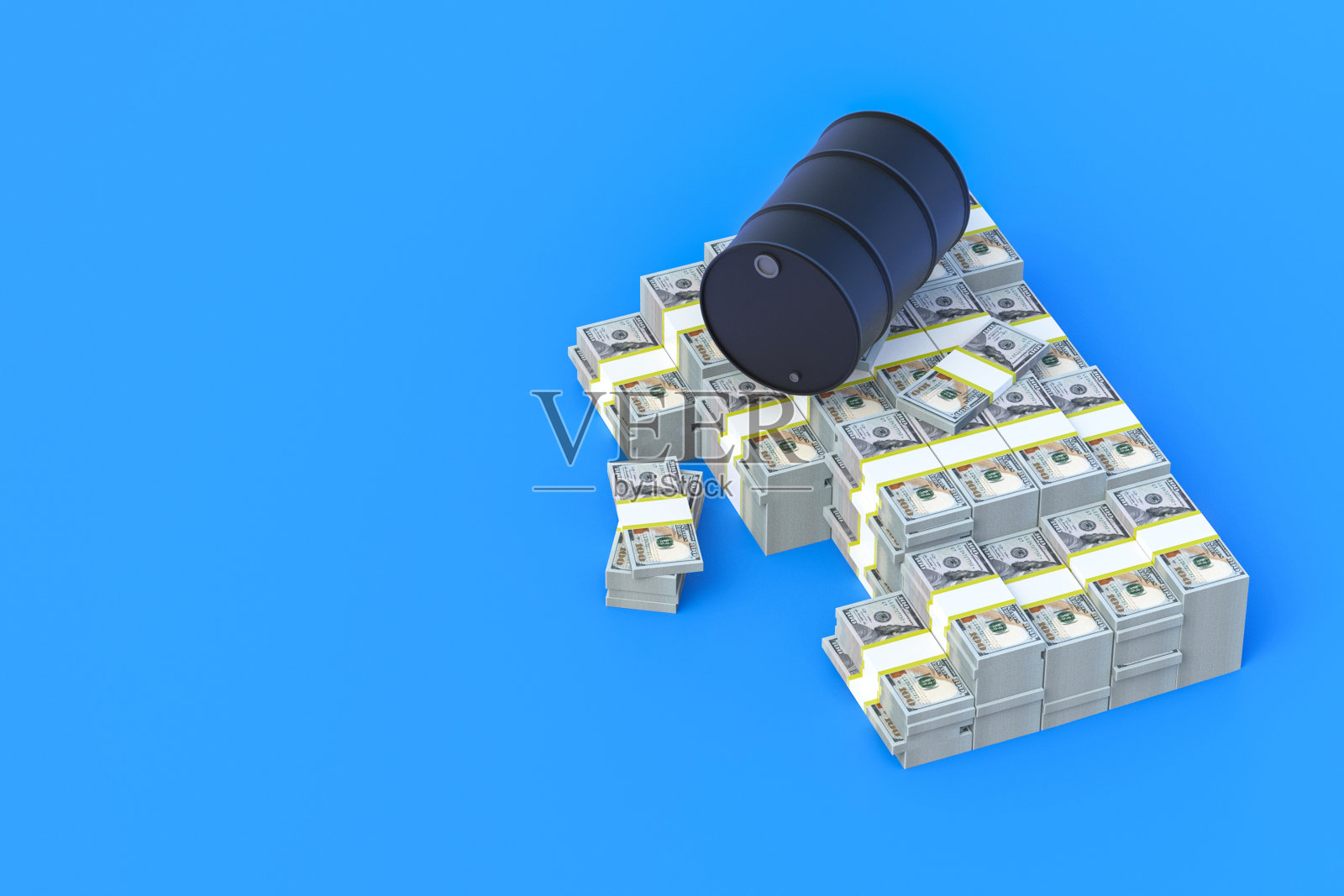 一堆美钞在金属桶旁滚动，背景是蓝色。经营理念。石油价格。支付石油产品。从能源资源中获利。购买汽油。三维渲染照片摄影图片