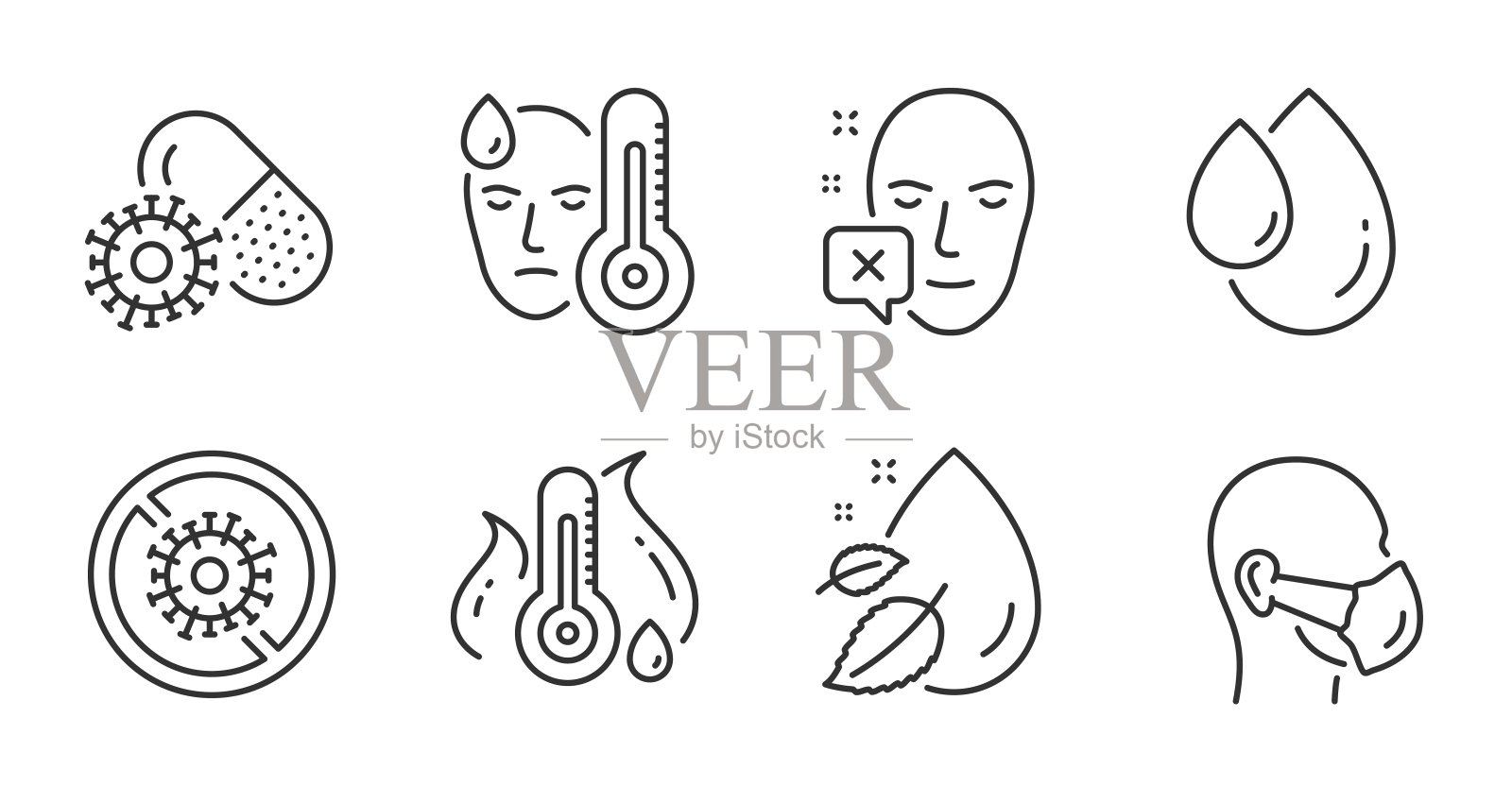 阻止冠状病毒、医用口罩和发烧温度图标设置。向量图标素材