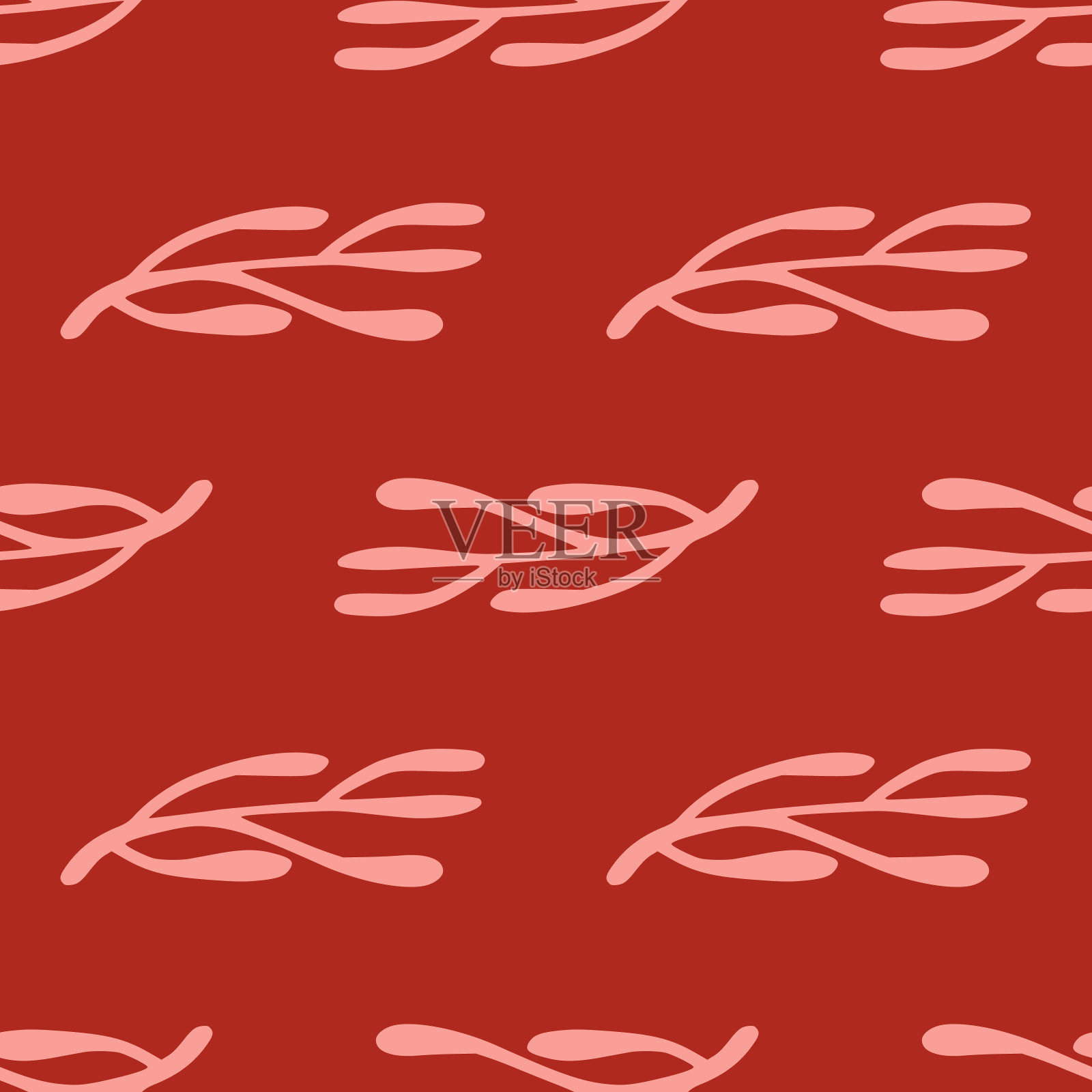 复古无缝模式与粉红色的树枝涂鸦轮廓。红色的背景。简单的风格。插画图片素材