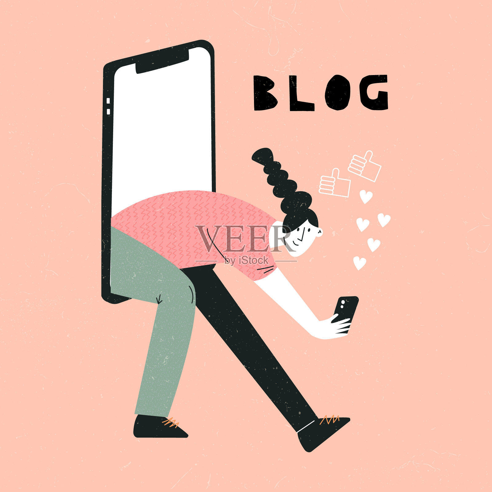 潮人z一代少女blogger博客和社交媒体网络的概念。可爱有趣的女人创造内容。年轻女性角色录制视频。时尚的卡通插图插画图片素材