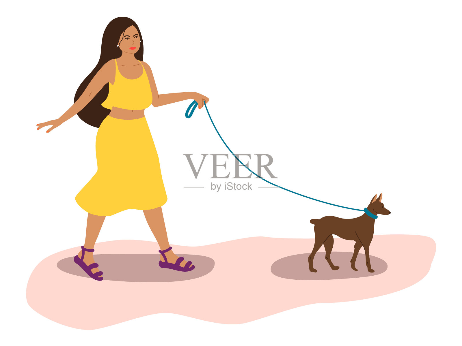 一个女孩在遛狗。一个可爱的黑白混血女人带着她的小狗走在街上。矢量平面卡通插图插画图片素材
