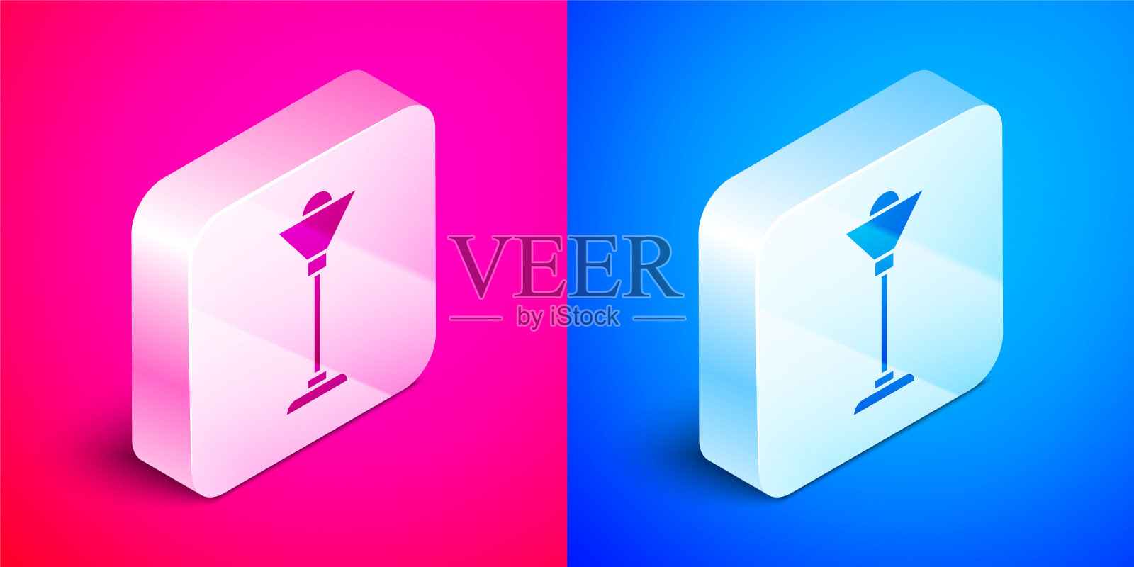 等距落地灯图标孤立在粉红色和蓝色的背景。银广场按钮。向量图标素材