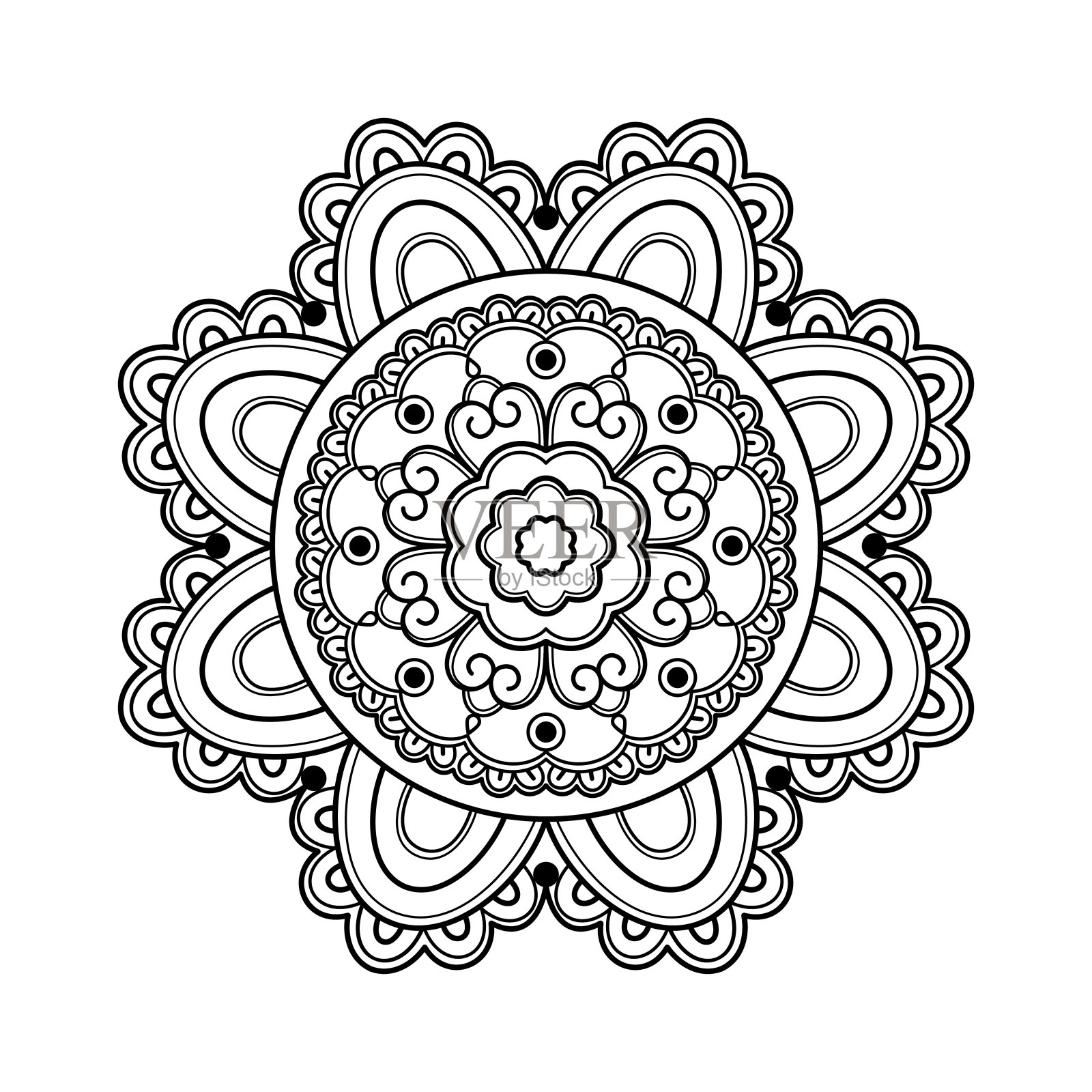 曼荼罗涂色书艺术，壁纸设计，瓷砖图案，衬衫，贺卡，贴纸，蕾丝图案和纹身。室内装饰设计。向量民族东方圈点缀。背景插画图片素材