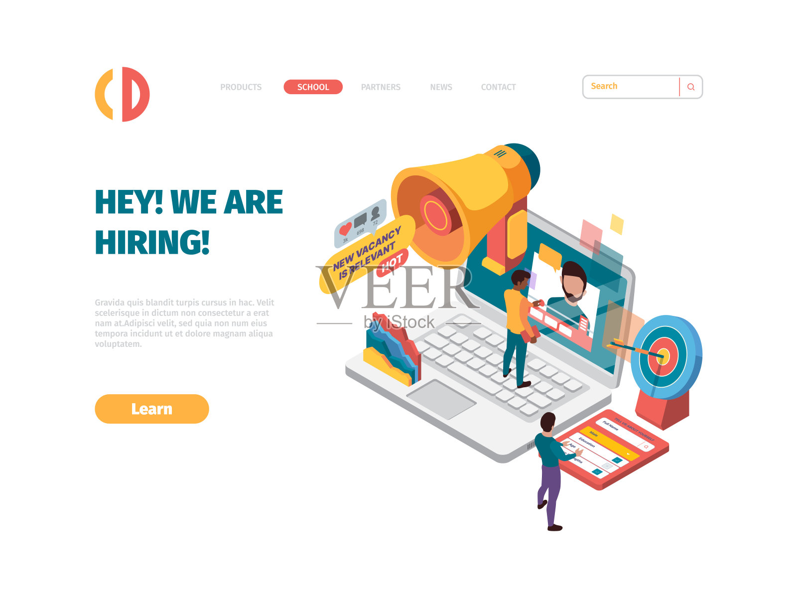 我们正在招人。企业用人单位使用扩音器招聘概念招聘好的团队或工人专家简历花哨矢量网页模板插画图片素材