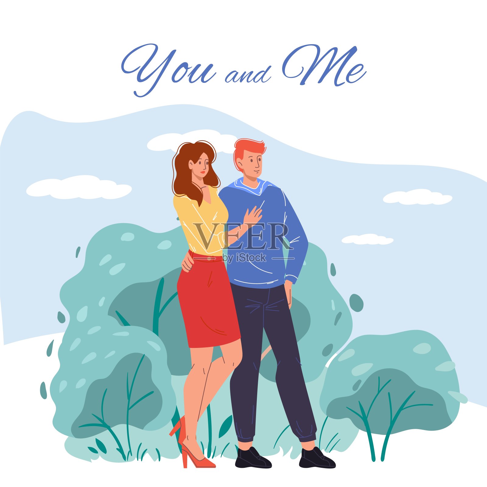 平面卡通人物夫妇，情人节贺卡矢量插图的概念插画图片素材