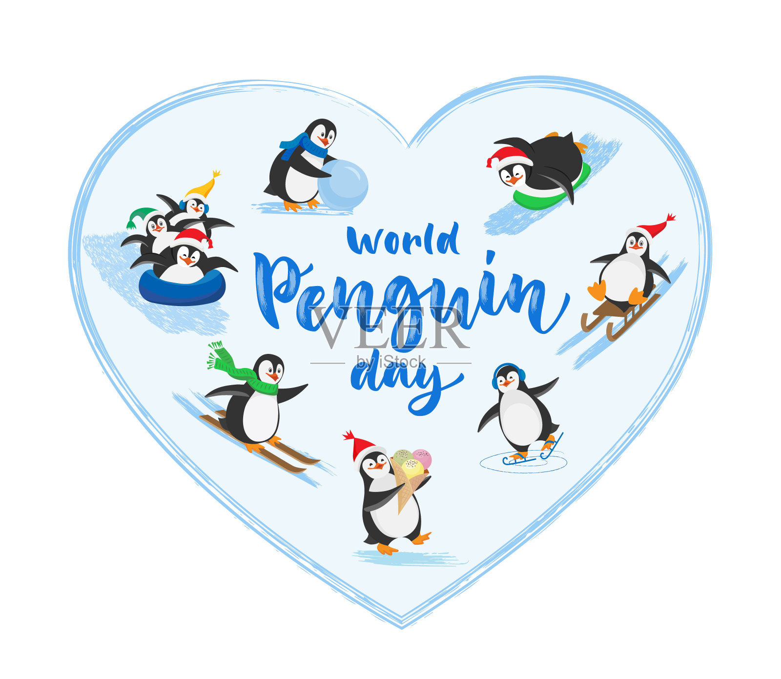 矢量插图与字母世界企鹅日在心脏形状。插画图片素材