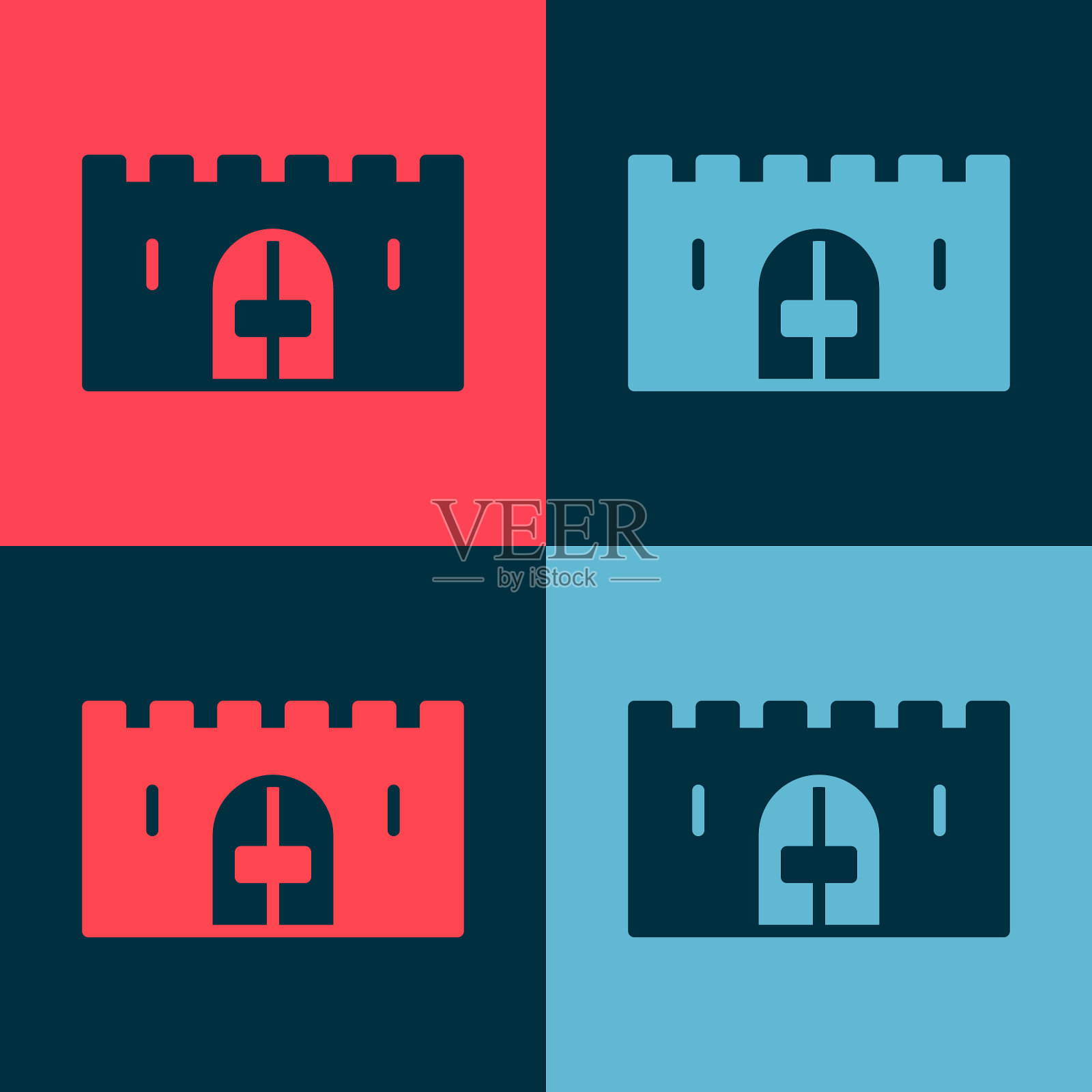 波普艺术中世纪城堡大门上的一堵石墙图标插画图片素材