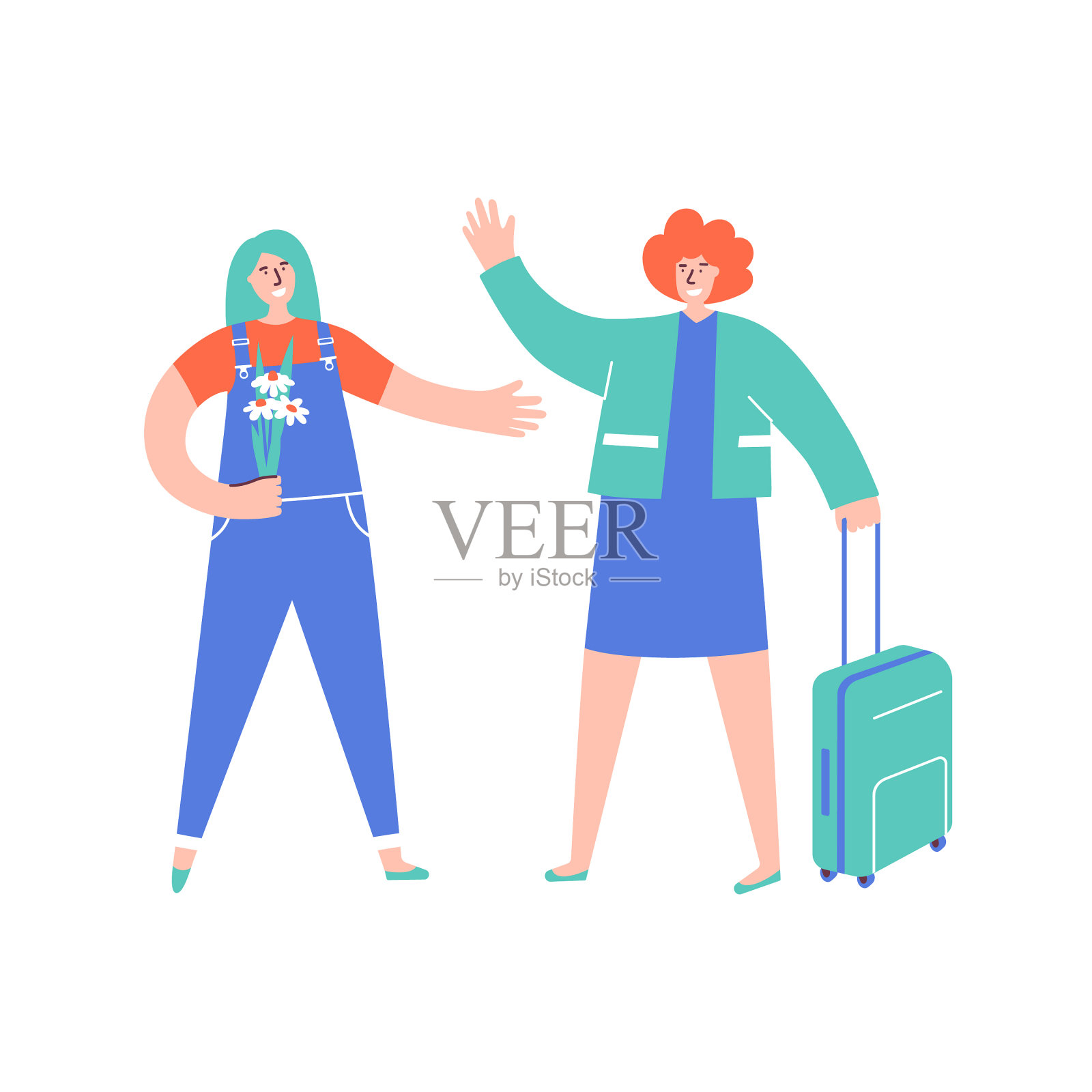 拿着花的女孩带着行李去见朋友插画图片素材