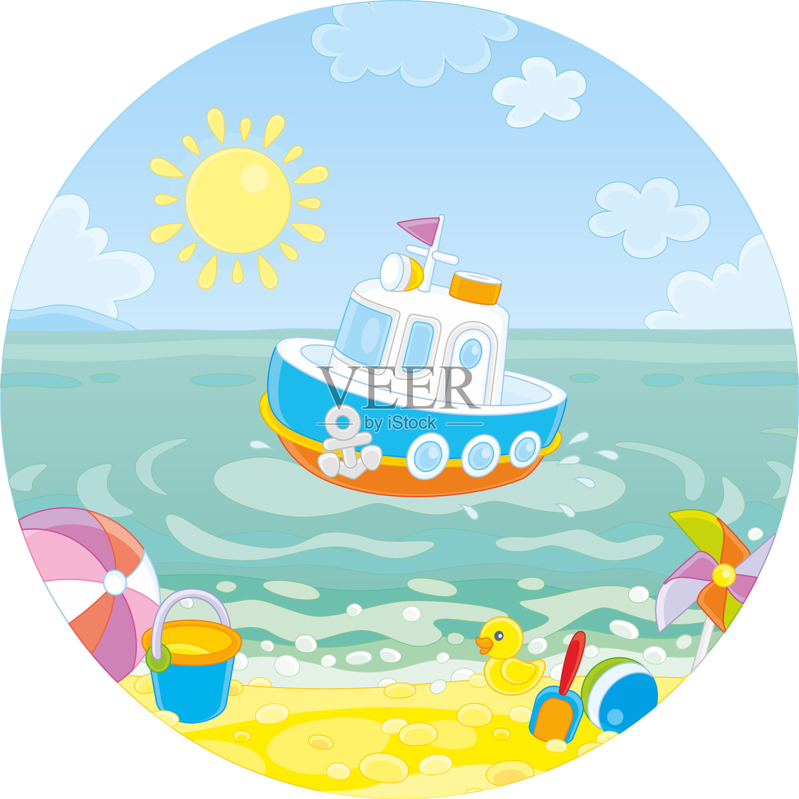 快速的玩具摩托艇漂浮在沙滩附近设计元素图片