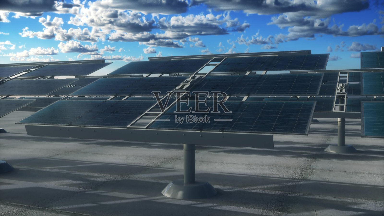 太阳能发电技术。替代能源。太阳能电池板模块与蓝天。三维演示照片摄影图片