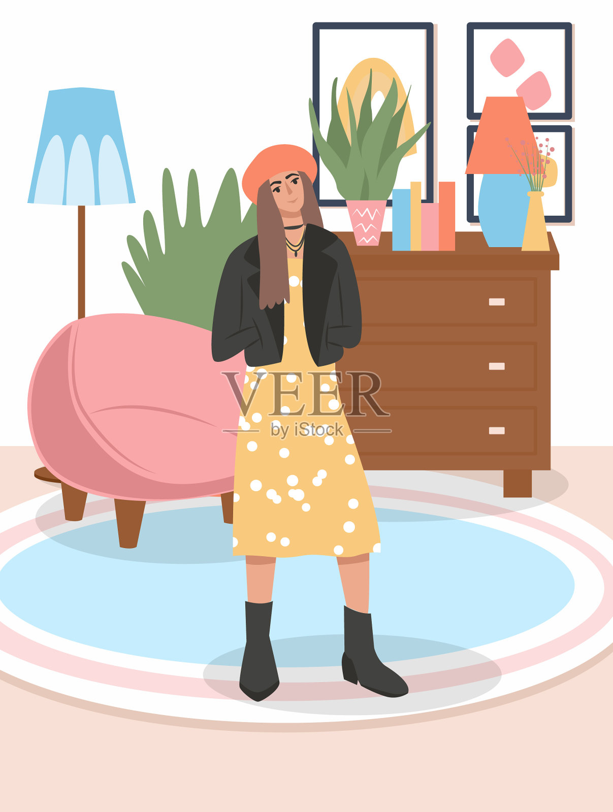 年轻的女孩穿着时髦的衣服站在插画图片素材