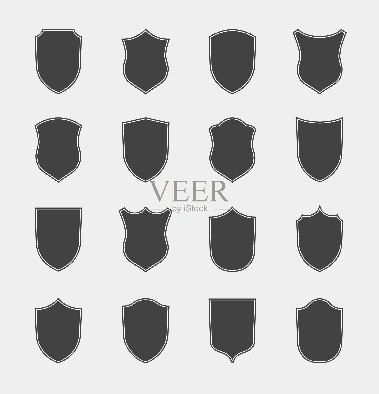 平面夹子设计元素。盾形轮廓向量集的集合。不同的军徽标志插画图片素材